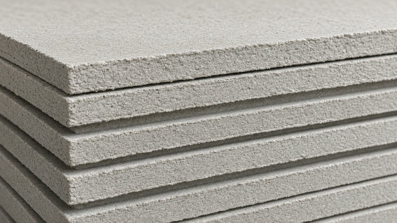 Stacked chalk-fibre boards with a shallow horizontal groove.